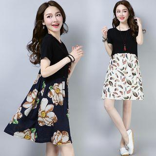 Floral Short-sleeve Panel A-line Dress