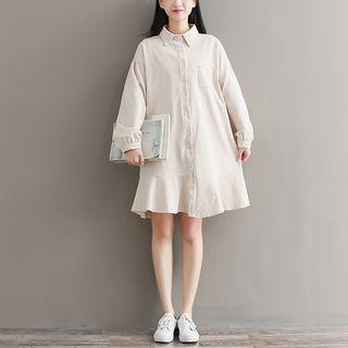Puff-sleeve A-line Shirt Dress