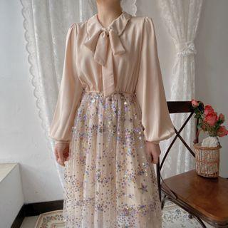 Sequined Long-sleeve Midi Chiffon Dress