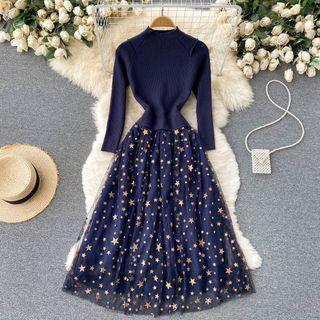 Mock Two-piece Stand-collar Knit Panel Star Mesh Dress