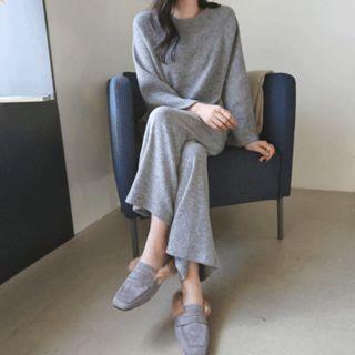 Set: Raglan-sleeve Knit Top + Band-waist Pants