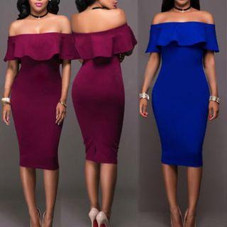 Plain Ruffle Trim Off Shoulder Short Sleeve Midi Dress