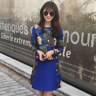 Set: Squirrel Print Long-sleeve Top + A-line Skirt