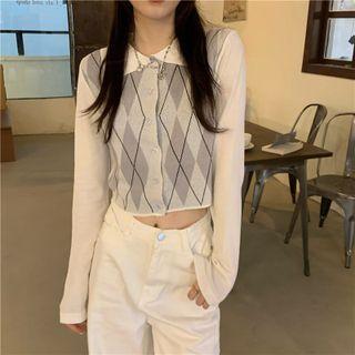 Lapel Argyle Long-sleeve Cardigan (various Designs)