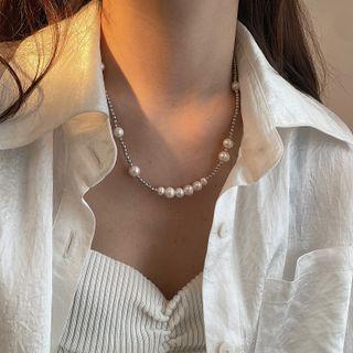 Faux Pearl 925 Sterling Silver Choker 925 Silver - Faux Pearl - Dark Silver - One Size