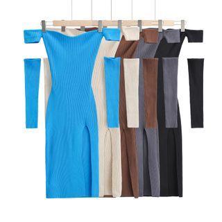 Set: Off-shoulder Knit Midi Bodycon Dress + Arm Sleeves