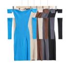Set: Off-shoulder Knit Midi Bodycon Dress + Arm Sleeves