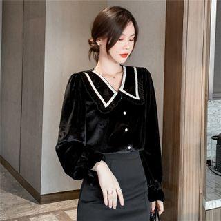 Frill Trim Collar Velvet Blouse