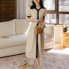 Short-sleeve Contrast Trim Button-up Midi A-line Dress