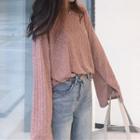 Set: Plain Flared-sleeve Sweater + Distressed Cropped Straight-fit Jeans