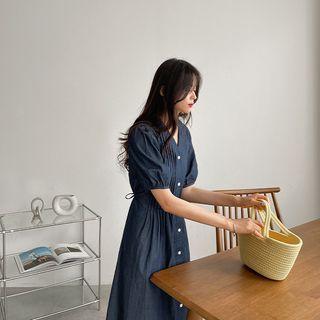 V-neck Pintuck Long Denim Dress