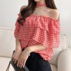 Off-shoulder Check Chiffon Cropped Top
