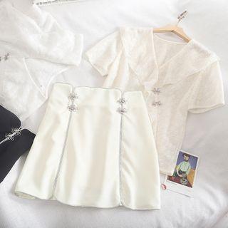 Set: Short-sleeve Frog-buttoned V-neck Blouse + Fitted Mini Skirt