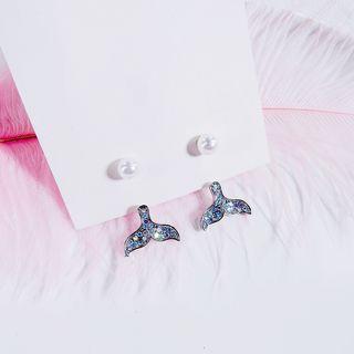 Faux Pearl Rhinestone Whale Tail Swing Earring 1 Pair - Silver Stud - Blue - One Size