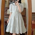 Puff-sleeve Collared Tiered A-line Dress