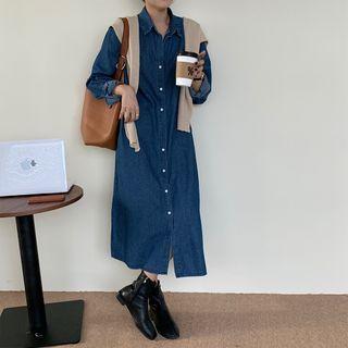 Set: Long-sleeve Midi A-line Denim Shirtdress + Shawl With Shawl - Denim Blue - One Size