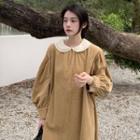 Long-sleeve Lace Trim Midi Shift Corduroy Dress