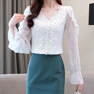 Crochet Lace Panel V-neck Chiffon Blouse