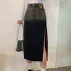 Distressed Slit Denim Midi Pencil Skirt