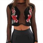Flower Embroidered Mesh Panel Cropped Long Sleeve Top