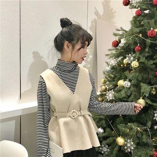 Set: Belt-waist V-neck Top + Turtleneck Striped Sweatshirt As Shown In Figure - One Size