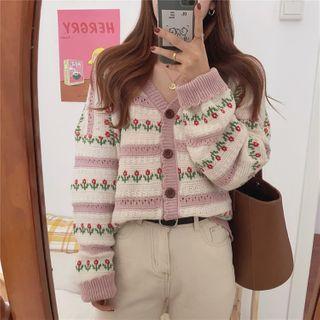 Striped Floral Embroidery Cardigan