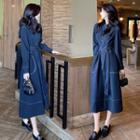 Long-sleeve Contrast Stitching Midi Shirtdress