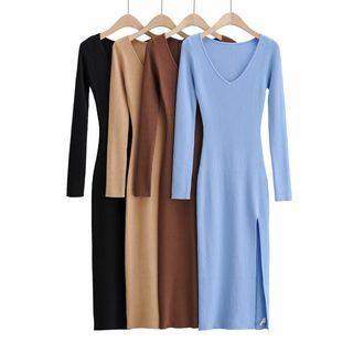 Plain V Neck Long-sleeve Knit Dress