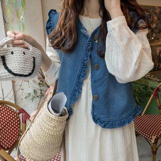 Frill-edge Button-up Denim Vest Blue - One Size