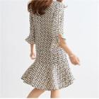 V-neck 3/4-sleeve Ruffle-hem Pattern Dress