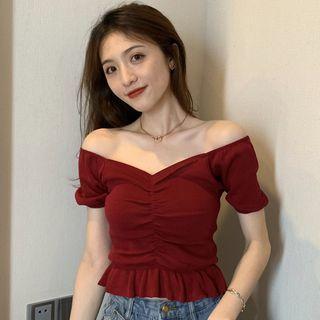 Ruched Short-sleeve Ruffle Hem Top