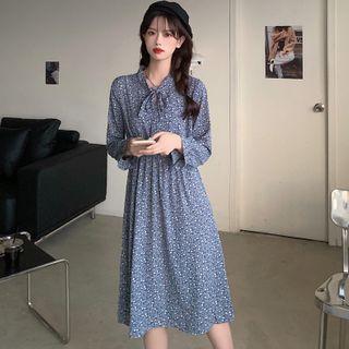 Long-sleeve Floral Print Tie-neck Midi A-line Chiffon Dress