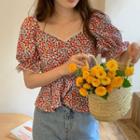 Puff-sleeve V-neck Strawberry Printed Top