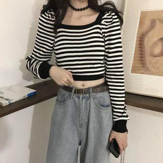 Square-neck Striped Cropped Knit Top Stripes - Black & White - One Size