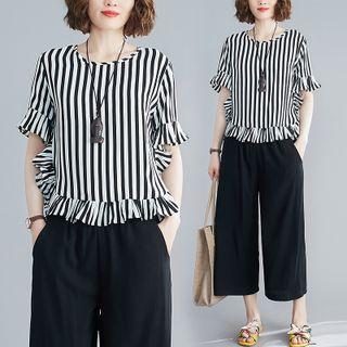 Set: Bell-sleeve Striped Top + Cropped Wide-leg Pants