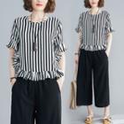 Set: Bell-sleeve Striped Top + Cropped Wide-leg Pants