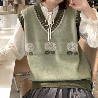 V-neck Rose Print Sweater Vest / Bell-sleeve Blouse