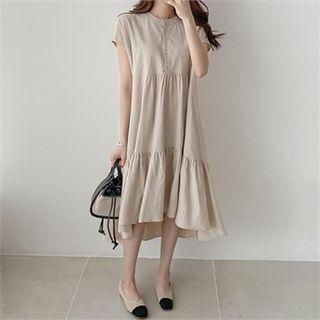 Half-placket Sleeveless Ruffle-hem Dress