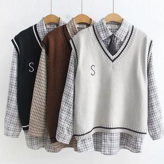 Set: Long-sleeve Plaid Shirt + Contrast Trim Knit Vest