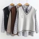 Set: Long-sleeve Plaid Shirt + Contrast Trim Knit Vest