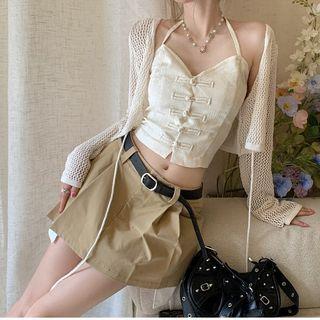 Halter Frog-button Cropped Camisole Top / Cardigan / Mini A-line Skirt