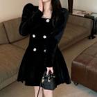 Square-neck Double-breasted Puff-sleeve Dress Black - One Size
