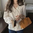 Long-sleeve Ruffled-trim Peter Pan Collar Plain Tie-strap Shirt