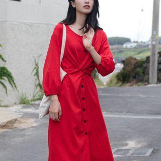 Long-sleeve Tie-back Midi Shirtdress Red - One Size