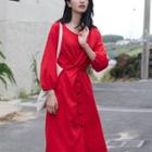Long-sleeve Tie-back Midi Shirtdress Red - One Size