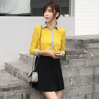 Set: 3/4-sleeve Lace Shirt + A-line Skirt