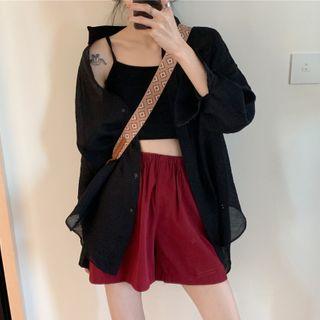 Long-sleeve Sheer Shirt / Wide-leg Shorts