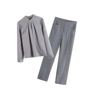Set: Long-sleeve Stand Collar Blouse + Dress Pants