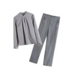 Set: Long-sleeve Stand Collar Blouse + Dress Pants