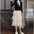 Color-block Long-sleeve Slim-fit Cardigan / Mesh Skirt